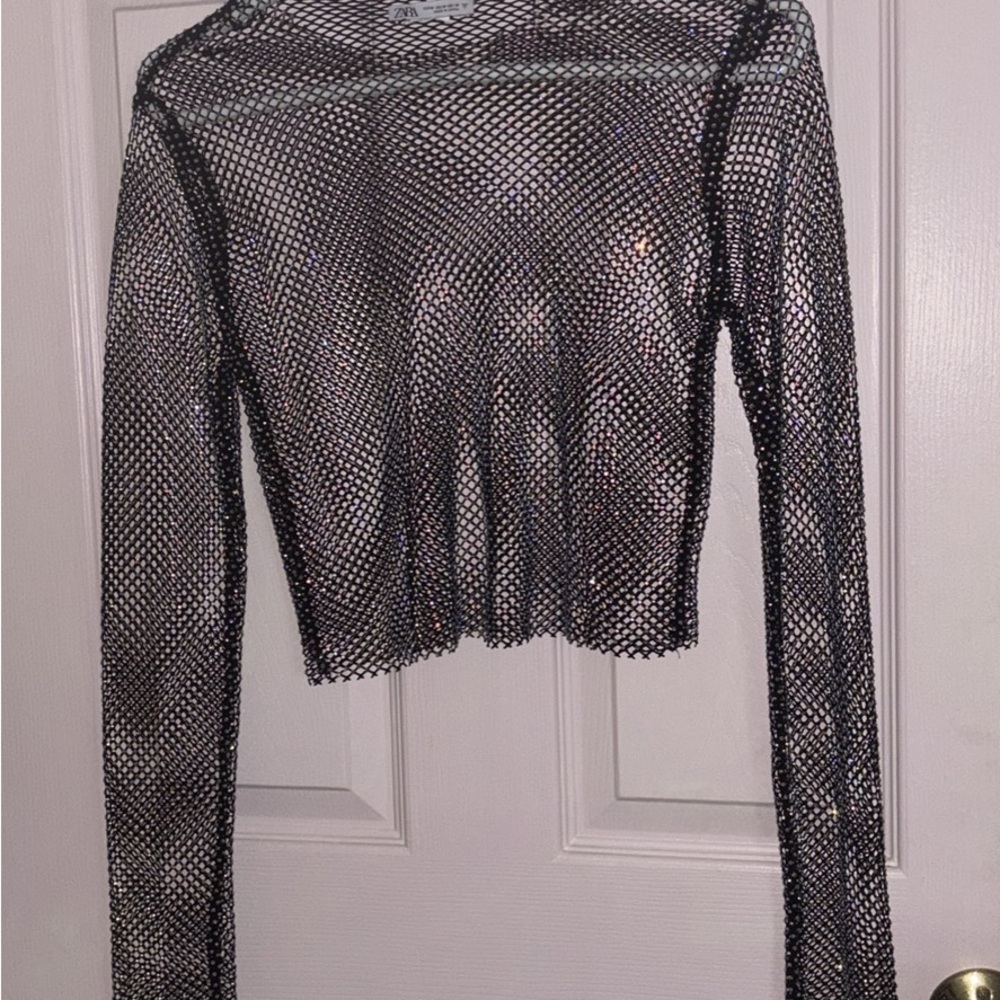 Black Mesh Diamond Long Sleeve Top
